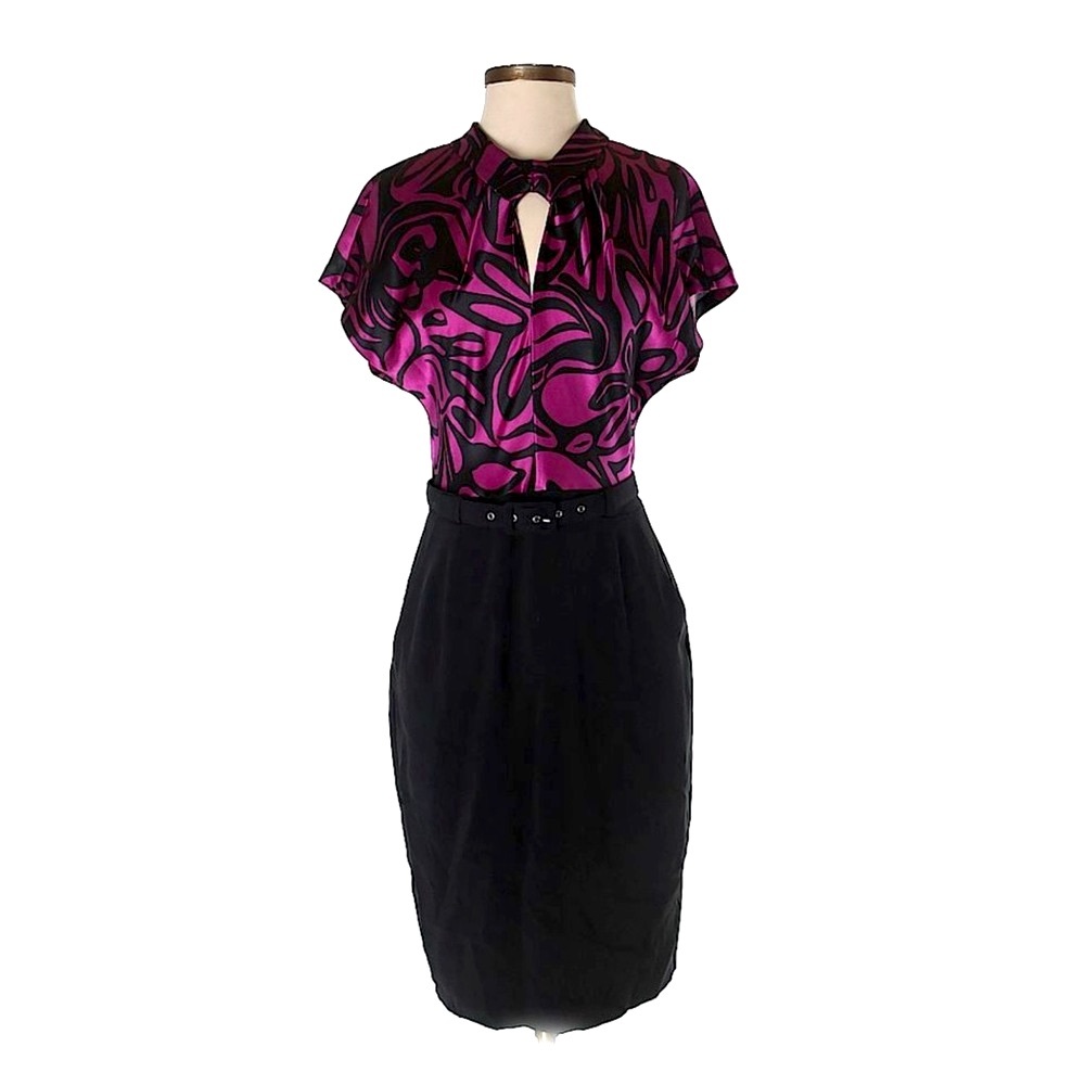 TRINA TURK 100% Silk Black & Magenta Belted Midi Dress Sz S - Picture 6 of 6